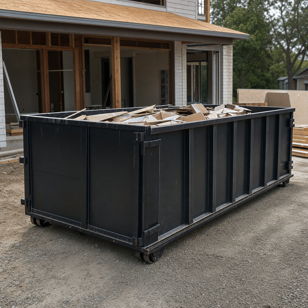 Large matte-black 30-yard construction roll-off dumpster at an active Rochester jobsite, steel-gray top rails and bottom rollers visible, loaded with construction debris.