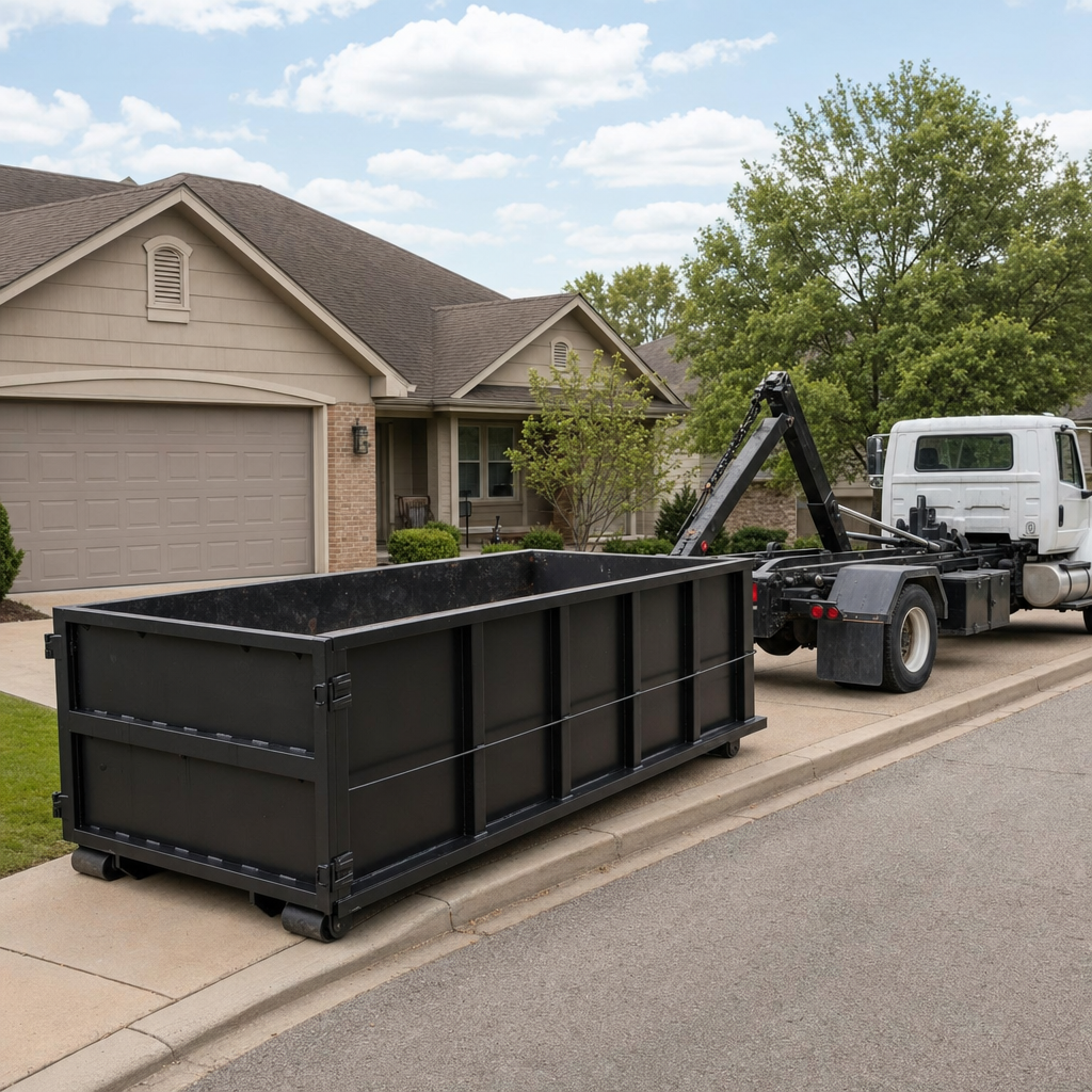 Wide documentary shot of a matte-black roll-off dumpster on a Rochester residential driveway in the foreground and a contractor jobsite container in the soft-focus background, bright daylight, calm and orderly composition.