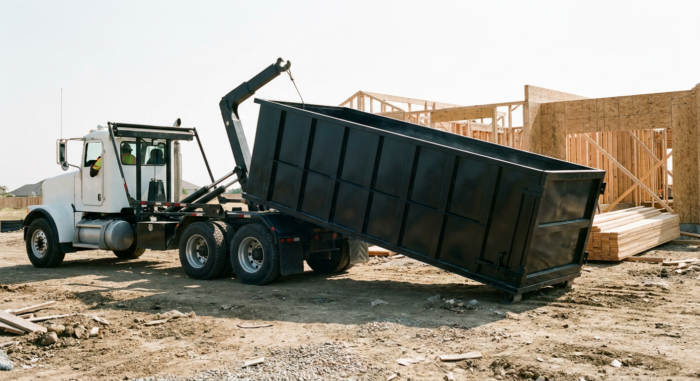 Matte-black roll-off dumpster being delivered onto a clean residential concrete driveway in Rochester by an unmarked white hooklift hauler truck, bright morning daylight, documentary 35mm perspective.